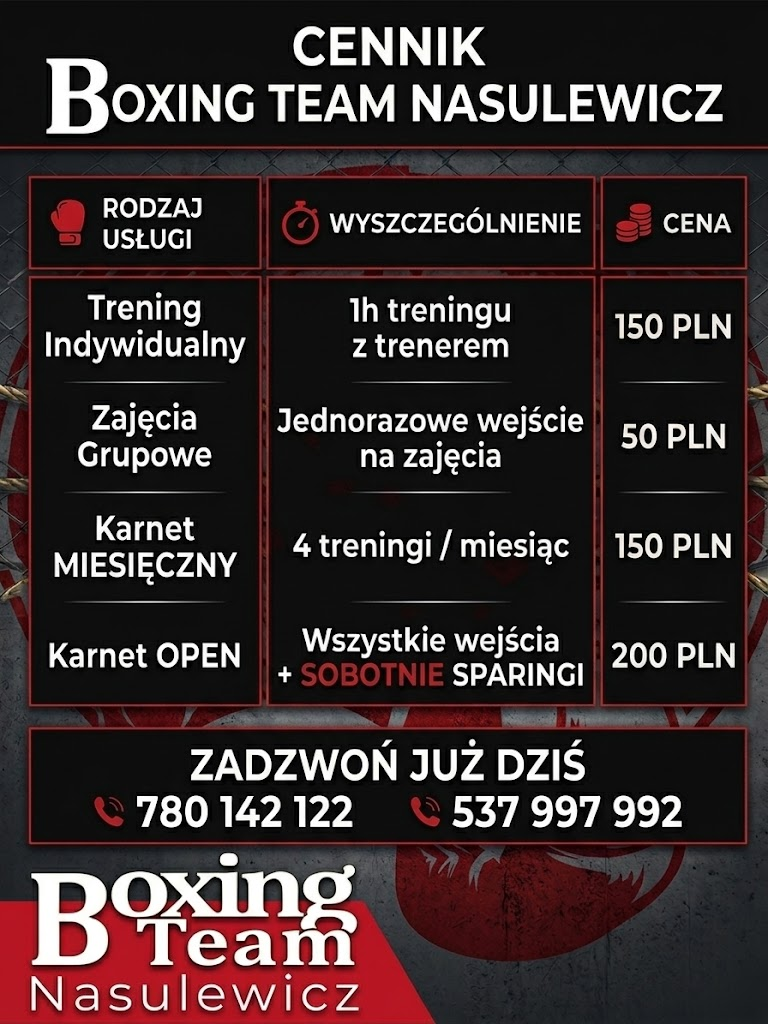 Cennik Boxing Team Nasulewicz — trening indywidualny 150 PLN, zajęcia grupowe 50 PLN, karnet miesięczny 150 PLN, karnet ze sparingami 200 PLN